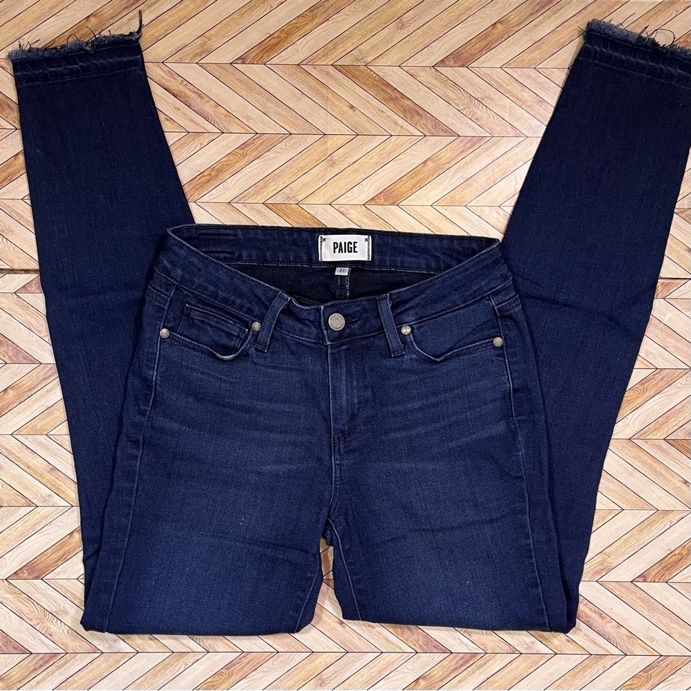 Paige Women's Verdugo Dark Blue Jeans Skinny Ankle Mid Rise Raw Hem